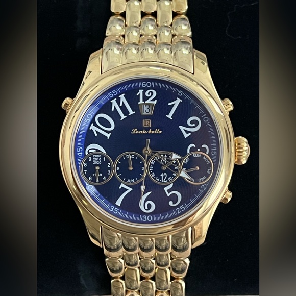 Louis Bolle Men’s Automatic Chronograph Style Blue Dial Gold-Tone Weave Bracelet - Picture 1 of 15